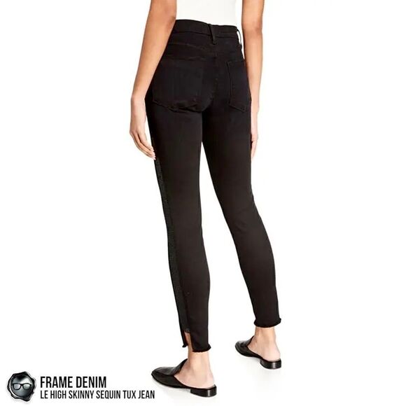 FRAME DENIM LE HIGH SKINNY SEQUIN TUX STRIPE JEAN NOIR BLACK WOMEN’S SIZE 27 NWT - Picture 3 of 16
